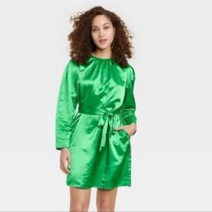 Satin Long-Sleeve green Belted A-Line with pockets Dress